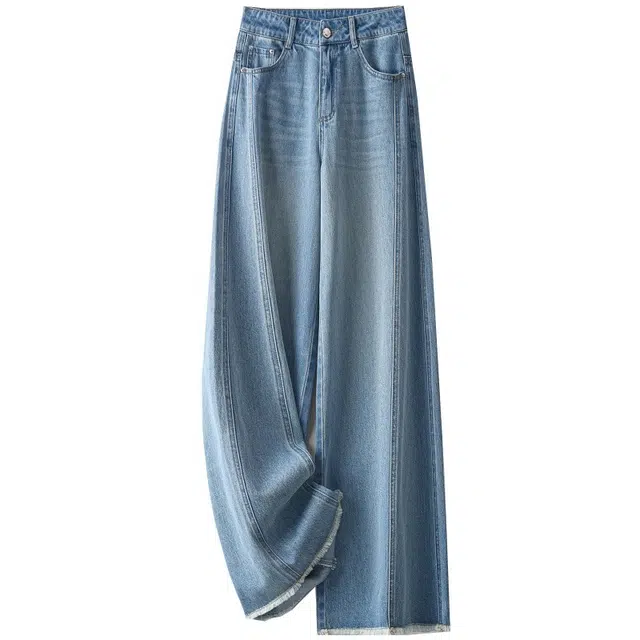 潞优野 高腰垂感宽松大码直筒长裤毛边阔腿牛仔裤 女款