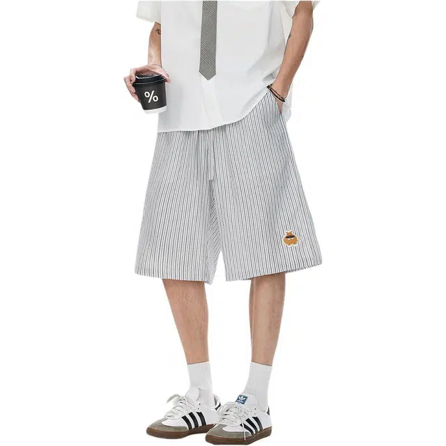 颂希尔 条纹刺绣潮牌高级感宽松五分裤舒适百搭休闲短裤 男女同款