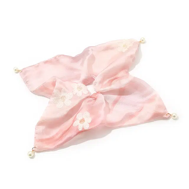 如花梦 新中式粉色花朵珍珠方巾大肠高级感大号方形 布艺 发圈 女款