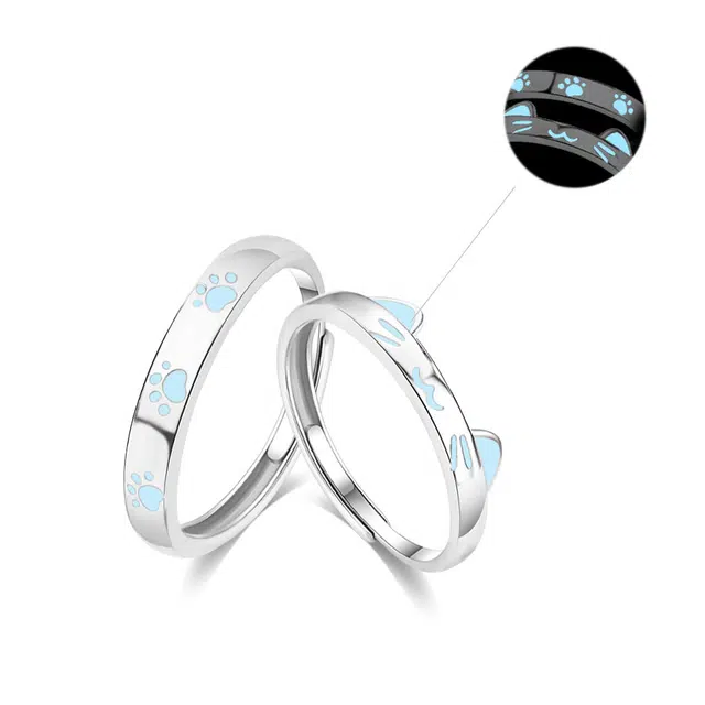 【999纯银 可免费定制刻字 夜光 猫咪日记】  七好美银 可爱喵咪狗狗简约小清新萌趣猫耳生动立体俏皮设计甜蜜 银 戒指 男女同款情侣款