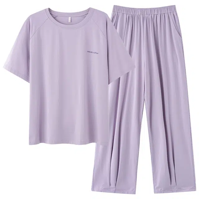 莫代尔 宽松显瘦轻薄透气圆领套头个性百搭舒适柔软亲肤细腻短袖长裤不易起球家居服可外穿女士睡衣套装 女款