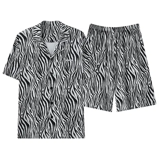 俏佳人 柔软亲肤斑马纹休闲开衫慵懒宽松短袖短裤家居服睡衣套装 男款