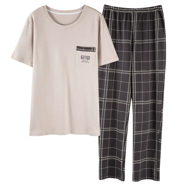 俏佳人 柔软亲肤格子条纹休闲短袖长裤慵懒家居服睡衣套装 男款