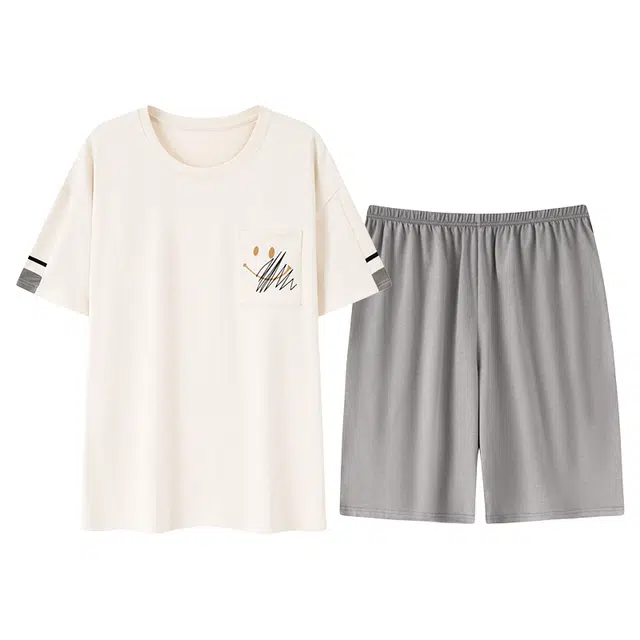 俏韵 纯棉短袖五分裤简约家居服可外穿睡衣套装 男款