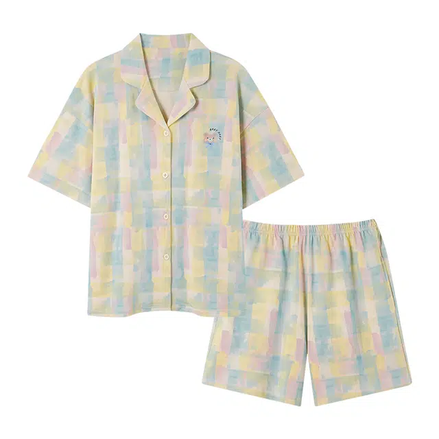 顶瓜瓜 多巴胺纯棉短袖翻领开衫格子可爱卡通小熊休闲舒适家居服睡衣套装 女款