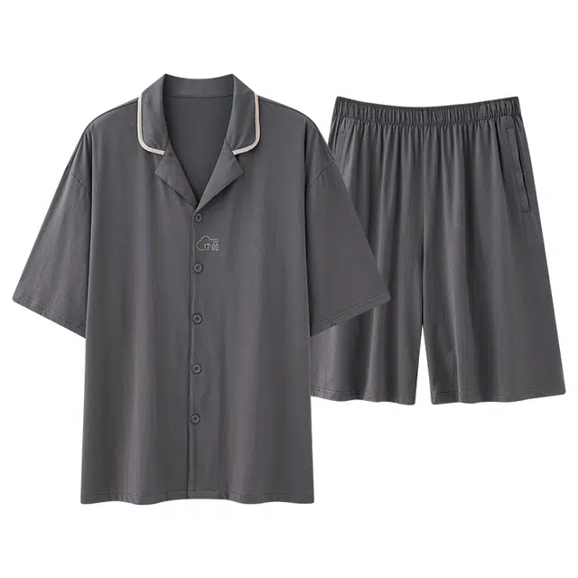 俏佳人 柔软亲肤休闲开衫慵懒宽松短袖短裤家居服纯色睡衣套装 男款