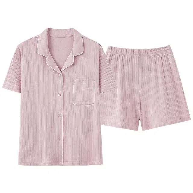 俏佳人 纯色基础柔软亲肤休闲开衫慵懒宽松短袖短裤家居服睡衣套装 女款