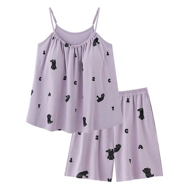 俏韵 卡通日系可爱小黑猫带胸垫吊带短裤家居服睡衣套装 女款