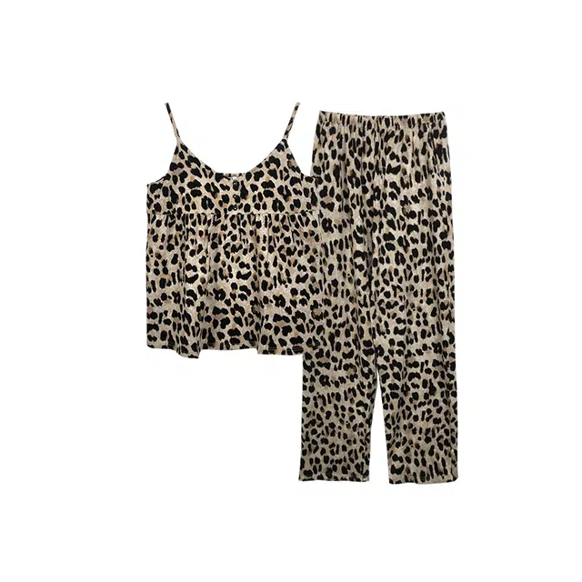 贝妍 美式复古豹纹薄款性感吊带胸垫长裤睡衣套装 女款