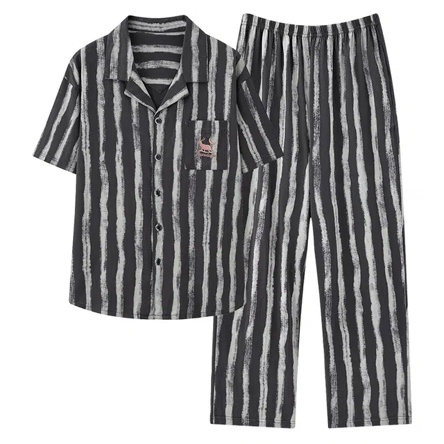 睦隆世家 纯棉短袖长裤简约舒适家居服夏季睡衣套装 男款