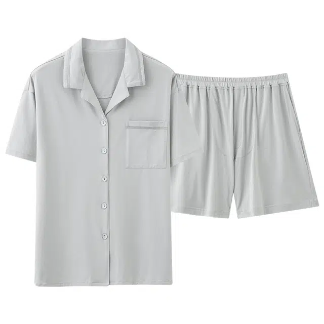 俏佳人 基础纯色柔软亲肤休闲开衫慵懒短袖家居服睡衣套装 女款