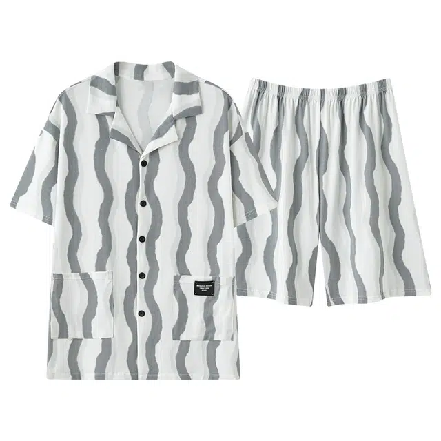 俏佳人 纯色基础柔软亲肤条纹休闲开衫慵懒宽松短袖短裤家居服睡衣套装 男款