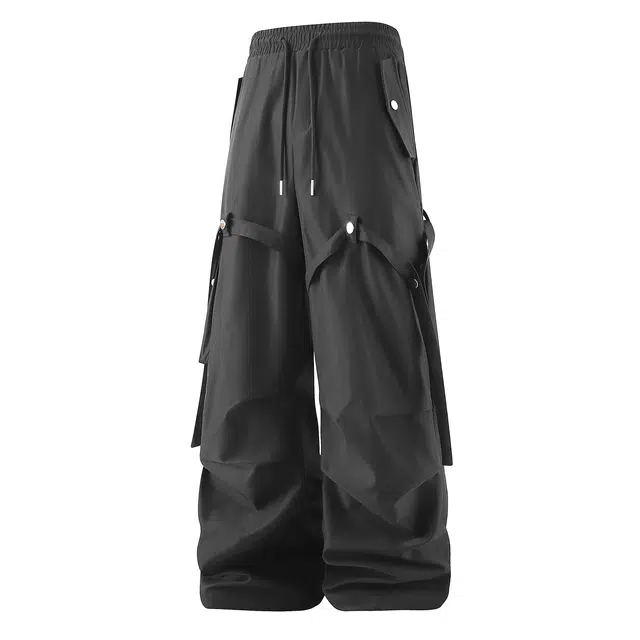 哲源 美式复古高街飘带设计感小众伞兵弯刀裤潮牌痞帅嘻哈街头无性别主义百搭宽松运动长裤休闲裤 男女同款