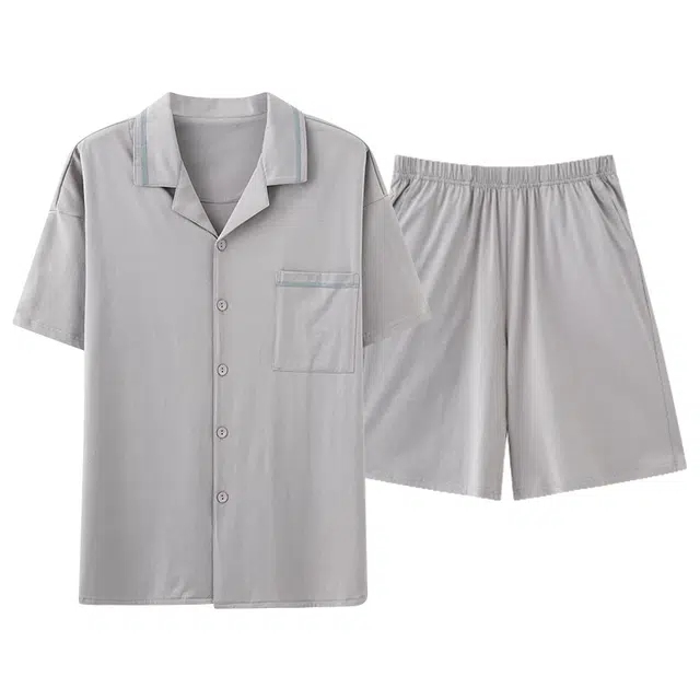 俏佳人 纯色韩版基础柔软亲肤休闲开衫慵懒短袖家居服睡衣套装 男款