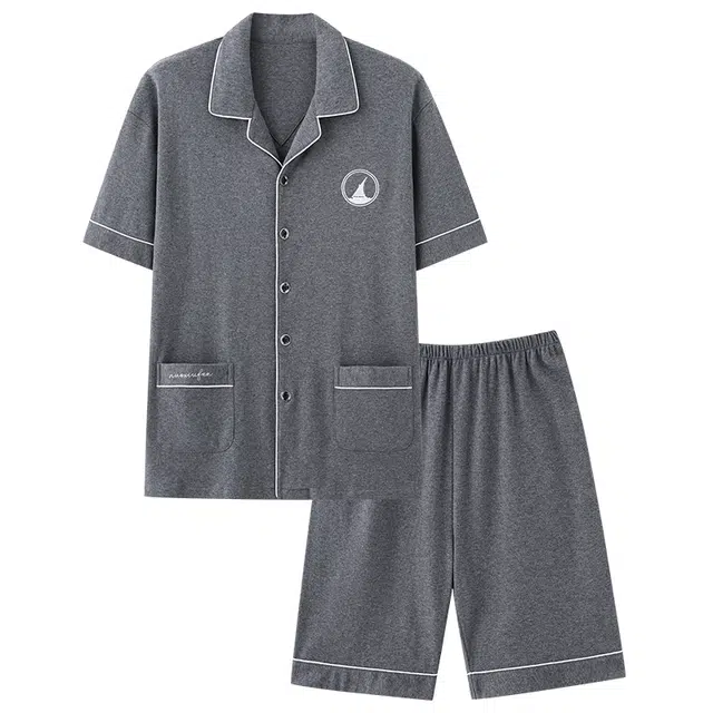 睦隆世家 纯色薄款简约翻领短袖宽松舒适可外穿家居服睡衣套装 男款