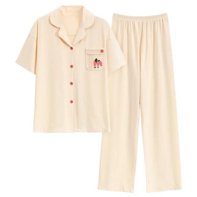 睦隆世家 家居服休闲开衫抗菌纯棉短袖长裤夏季睡衣套装 女款