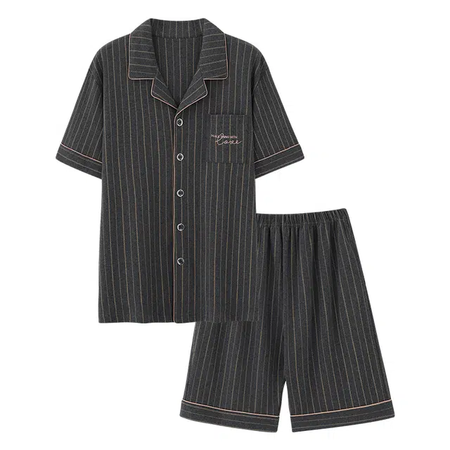 睦隆世家 纯棉短袖短裤开衫大码薄款宽松家居服睡衣套装 男款