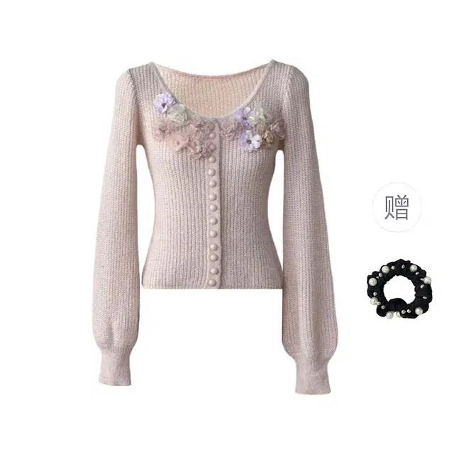 雾闪闪 立体花朵百搭休闲气质慵懒感外穿长袖防晒中长款上衣针织衫 女款