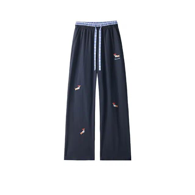 欧路得 腊肠狗刺绣潮牌垂感慵懒风宽松直筒阔腿休闲裤 男女同款