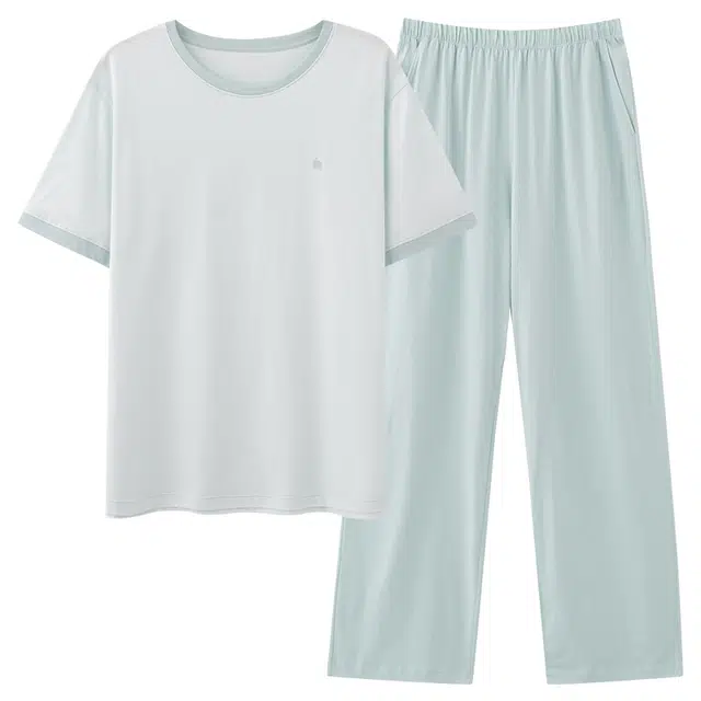 莫代尔 舒适柔软亲肤细腻圆领套头时尚百搭简约个性轻盈透气短袖长裤宽松无束缚家居服可外穿女士睡衣套装 女款