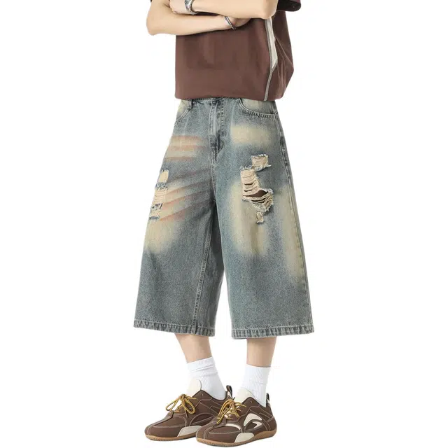 敦煌博物馆 美式潮流七分裤宽松直筒阔腿轻薄舒适亲肤透气通勤休闲百搭牛仔短裤 男女同款