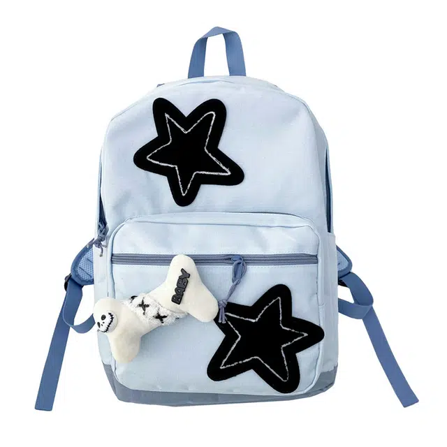 雅鹿 星星背包学院风日系韩版初中生高中小学生大学生书包 帆布 双肩包 男女同款情侣款 蓝色