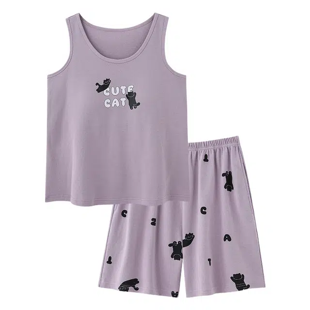 俏韵 带胸垫背心短裤可爱小猫咪家居服可外穿夏季睡衣套装 女款