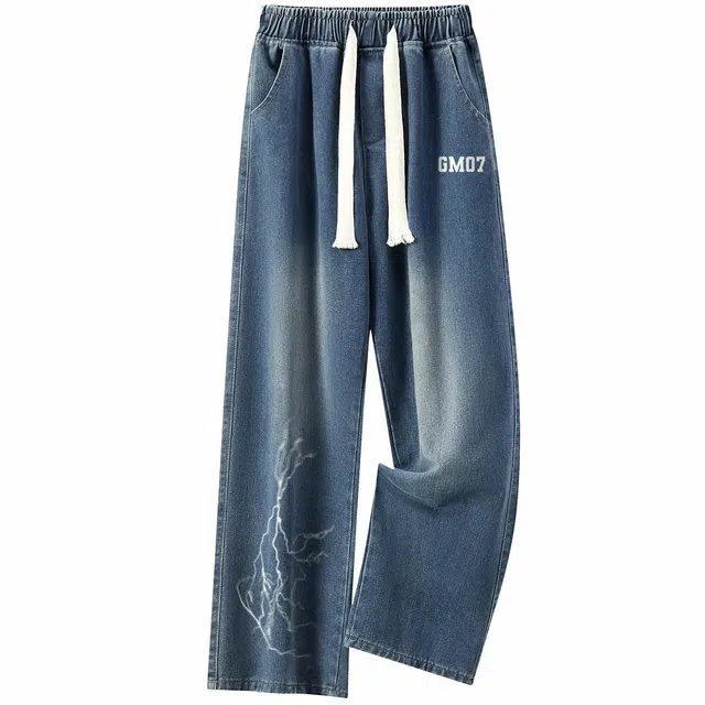 加菲猫家族 美式高街风创意雷击闪电图案印花嘻哈潮牌水洗做旧直筒显高显瘦废土风高级感时尚通勤垂感中腰牛仔裤 男女同款