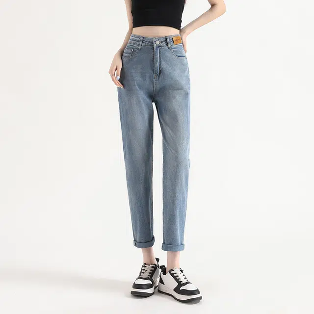 法文箱子 春季休闲直筒裤纯色高腰长裤牛仔裤 女款