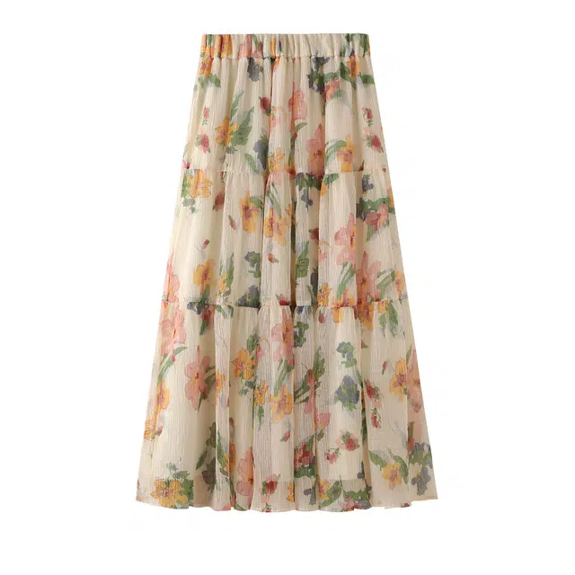 花栗鼠小姐 繁花盛夏 复古慵懒风印花半身裙基础简约百搭高腰通勤约会垂感小个子甜美碎花休闲长裙 女款