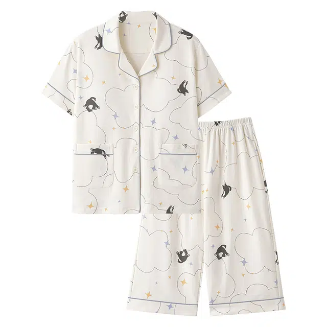 睦隆世家 短袖薄款休闲七分裤带胸垫家居服睡衣套装 女款