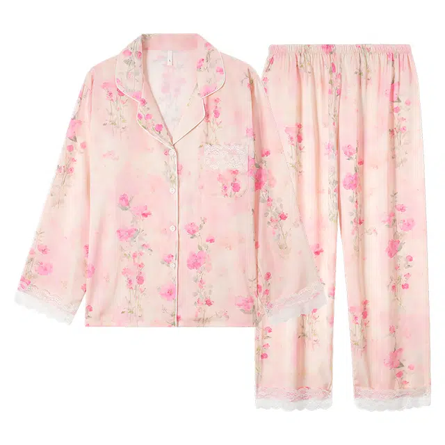 顶瓜瓜 满印冰丝翻领设计简约舒适可外穿家居服睡衣套装 女款