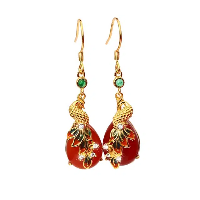 谧月珠宝 财星拱照 喜运连绵 祥凤和鸣 古典高雅气质 玛瑙 耳环 男女同款情侣款