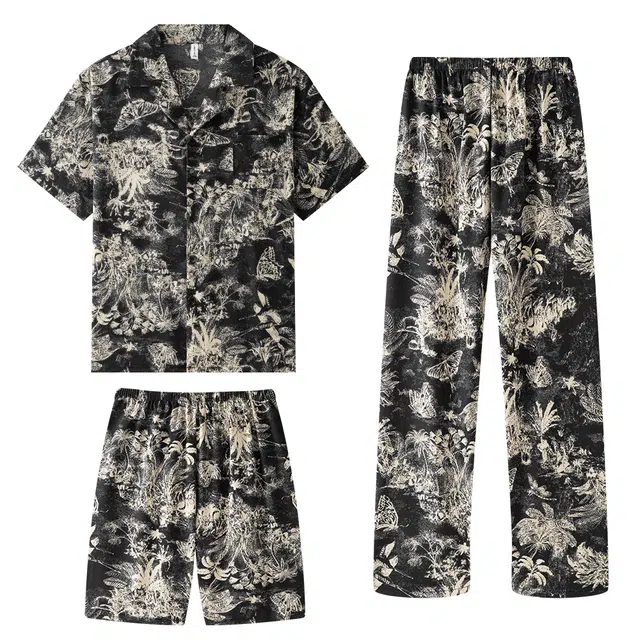 宫蝶 冰丝短袖度假风家居服薄款可外穿复古风休闲大码开衫睡衣套装 男款