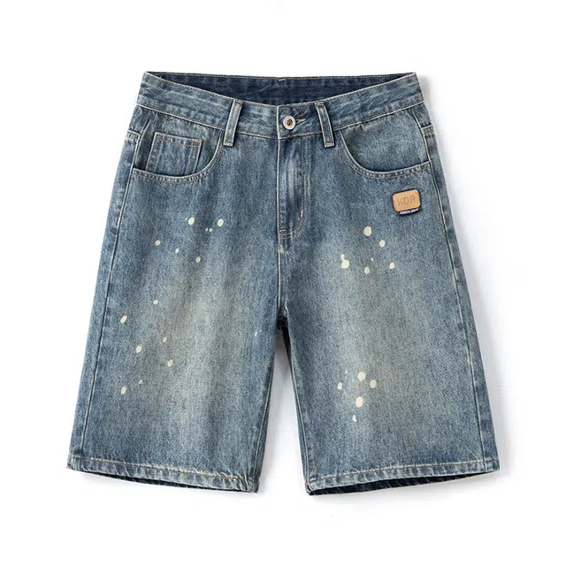 协协乐 薄款宽松直筒潮牌复古水洗泼墨休闲五分中裤牛仔短裤 男款