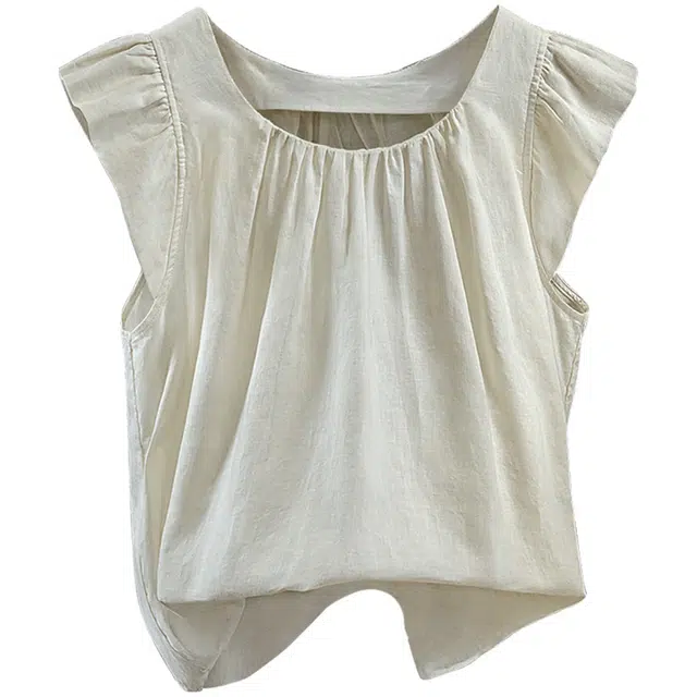 丝柏舍 纯色褶皱圆领宽松款简约风气质飞飞袖衬衫 女款 杏色