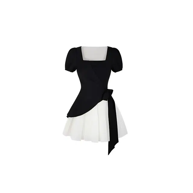 沐晓欣 穿搭气质优雅韩系法式复古茶歇假两件蝴蝶结绑带收腰网纱拼接高级设计感蓬蓬裙芭蕾风公主短袖连衣裙 女款