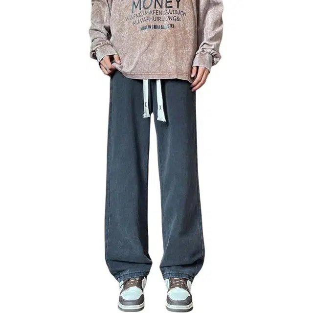 宝米卡 街头宽松直筒休闲潮流百搭抽绳牛仔裤 男女同款