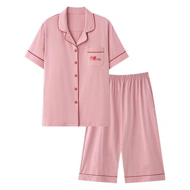 睦隆世家 带胸垫短袖七分裤薄款休闲可外穿大码家居服睡衣套装 女款