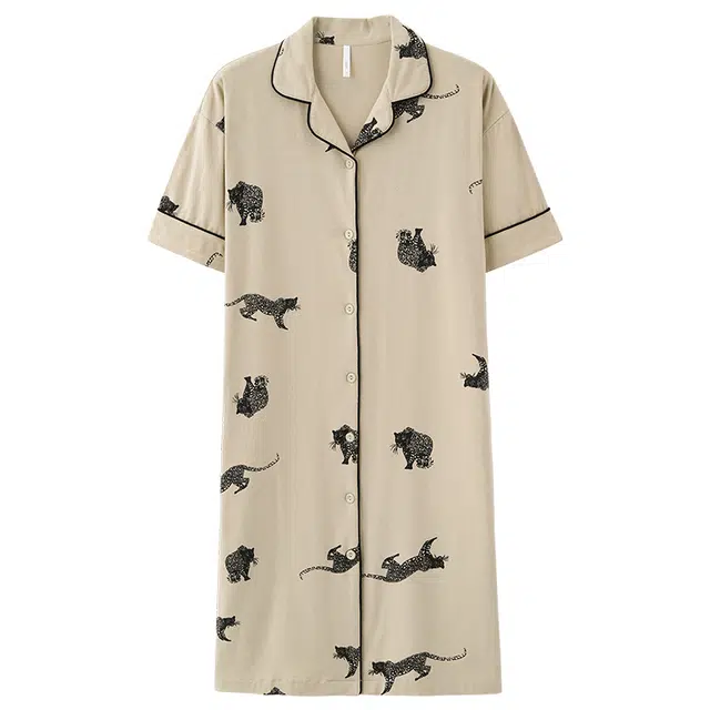 俏佳人 纯棉柔软亲肤透气基础翻领休闲短袖慵懒家居服睡裙 女款