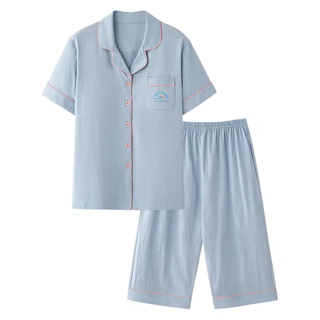 睦隆世家 带胸垫纯棉短袖七分裤薄款休闲可外穿家居服睡衣套装 女款