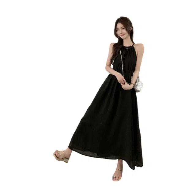 荟萃阁 小众设计梨型身材黑色小个子长裙吊带连衣裙 女款