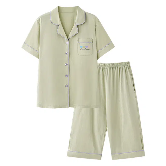 睦隆世家 带胸垫短袖七分裤薄款休闲可外穿大码家居服夏季睡衣套装 女款