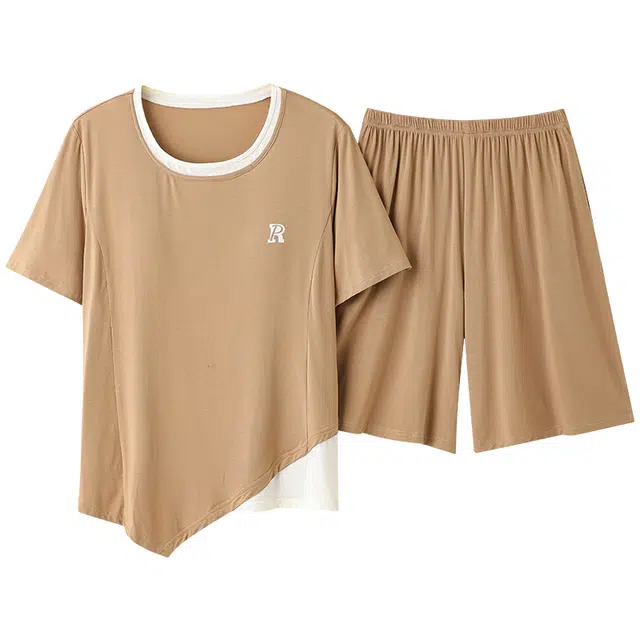 俏霓桐 薄款时尚简约休闲大方高级感舒适带胸垫家居服可外穿夏季睡衣套装 女款