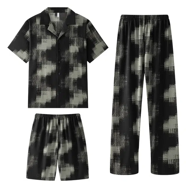 宫蝶 冰丝短袖休闲家居服可外穿复古风大码薄款开衫睡衣套装 男款