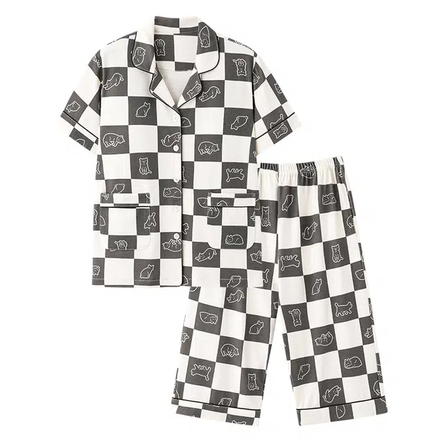 睦隆世家 短袖纯棉薄款舒适七分裤带胸垫家居服可外穿睡衣套装 女款