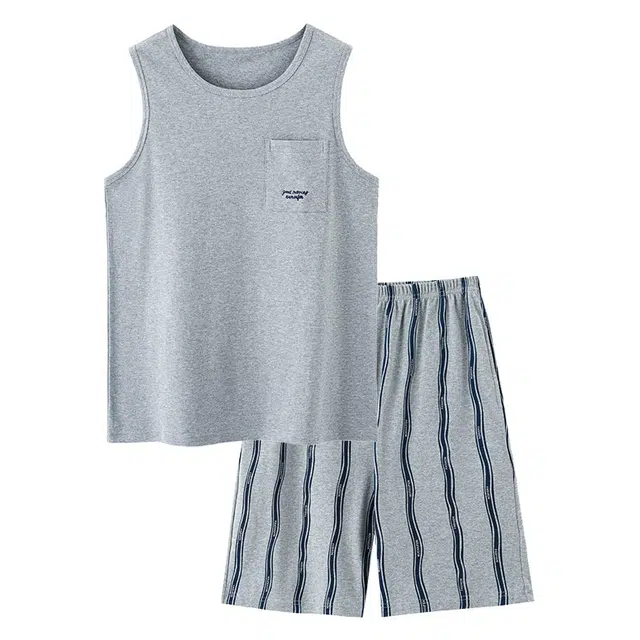 睦隆世家 纯棉可外穿加大码无袖短裤休闲背心家居服睡衣套装 男款