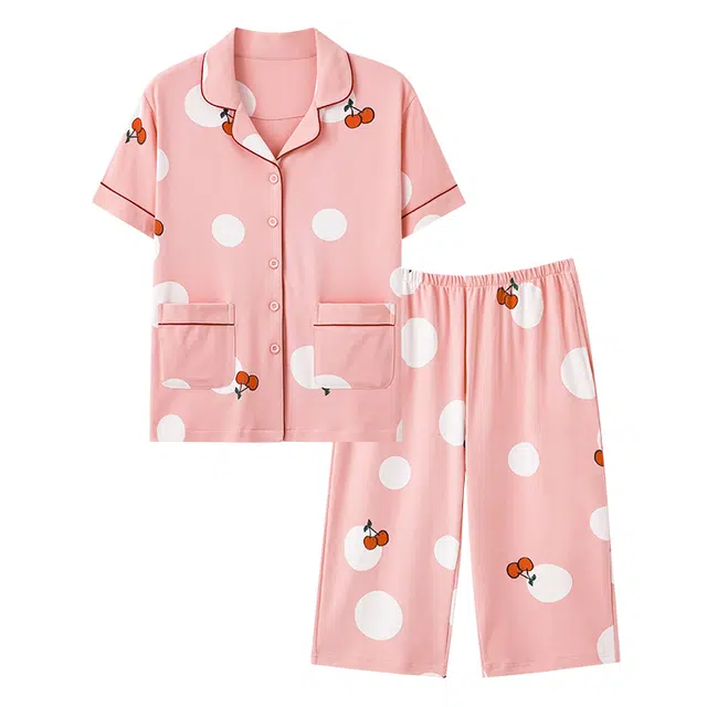 睦隆世家 纯棉短袖七分裤甜美休闲开衫家居服睡衣套装 女款