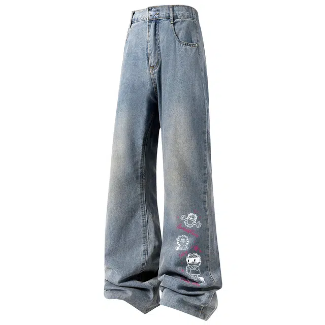 加菲猫家族 冰丝凉感薄款透气美式复古潮流卡通动漫字母印花时尚个性百搭宽松休闲日常通勤青春活力简约舒适微喇牛仔裤 男女同款