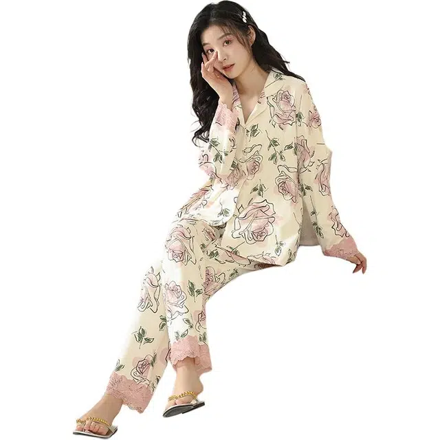 欧迪芬 纯棉抗菌抑螨长袖小翻领长裤睡衣套装 女款